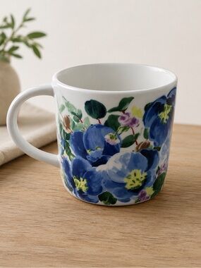 Anthropologie Dawn Monogram Mug “T” Blue Watercolor Floral Blooms Stoneware Cup